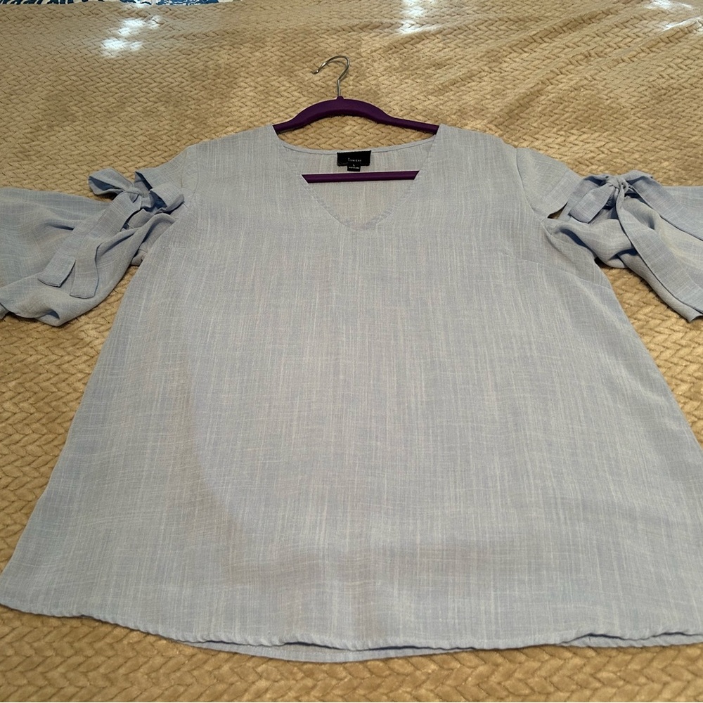 Who What Wear Light Blue Blouse with Cold Shoulder Bow Sleeves
